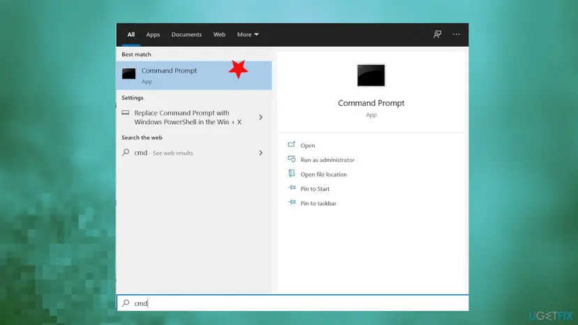 Windows search with cmd typed, Command Prompt as best match and the Run as administrator option in the right pane