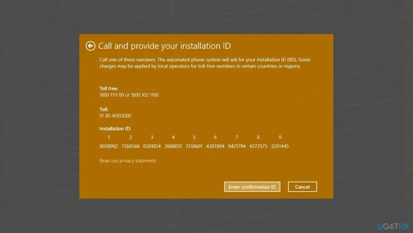 Call and provide your installation ID window with toll-free and toll numbers, nine blocks of installation ID digits and the Enter confirmation ID button