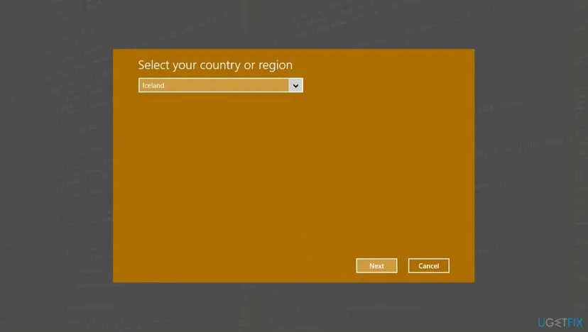Phone activation window with Select your country or region drop-down list and the Next and Cancel buttons