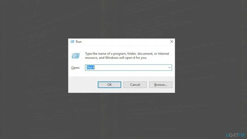 Windows Run dialog with Slui 4 typed in the Open box and the OK button, which opens phone activation