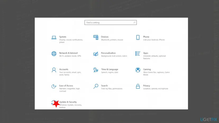 Windows 10 Settings home screen with the Update and Security tile marked, the way into the Activation page and its Troubleshoot link