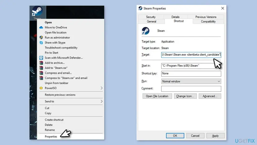 Steam shortcut context menu and Properties dialog with the Target field where the parameter is typed