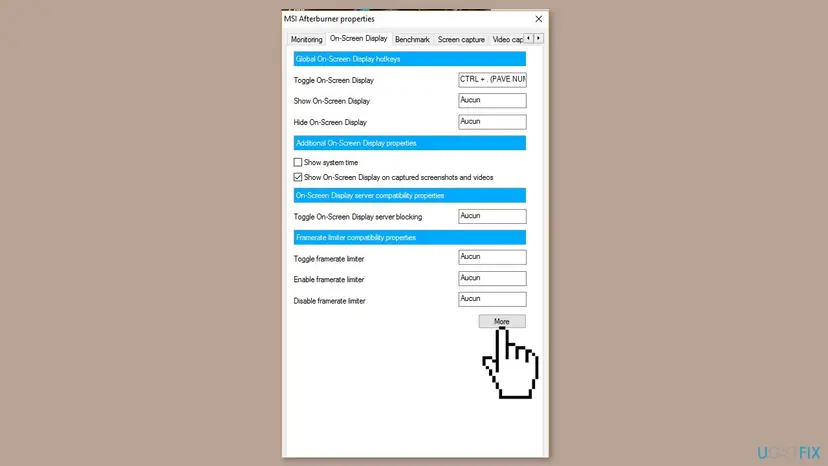 MSI Afterburner properties window on the On-Screen Display tab with the More button that opens RivaTuner Statistics Server