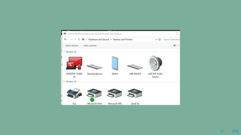 Control Panel Devices and Printers window on Windows 10 with Add a device and Add a printer buttons and the Printers group listing Fax, Microsoft Print to PDF, Microsoft XPS and Send To