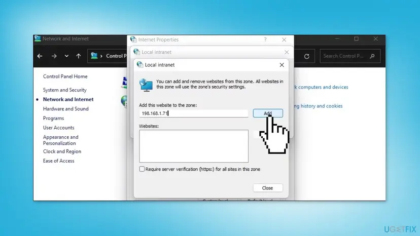 Local intranet sites dialog on Windows 11 opened from Internet Properties, with an address typed into Add this website to the zone, the Add button, the empty Websites list and the unticked https option