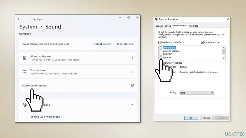 Windows 11 Sound settings and the Speakers Properties window opened from More sound settings, where the Enhancements tab holds the Equalizer
