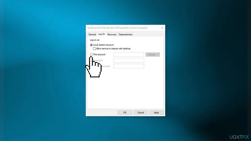 Log On tab of a service's Properties window with Local System account selected and the This account option with its password boxes