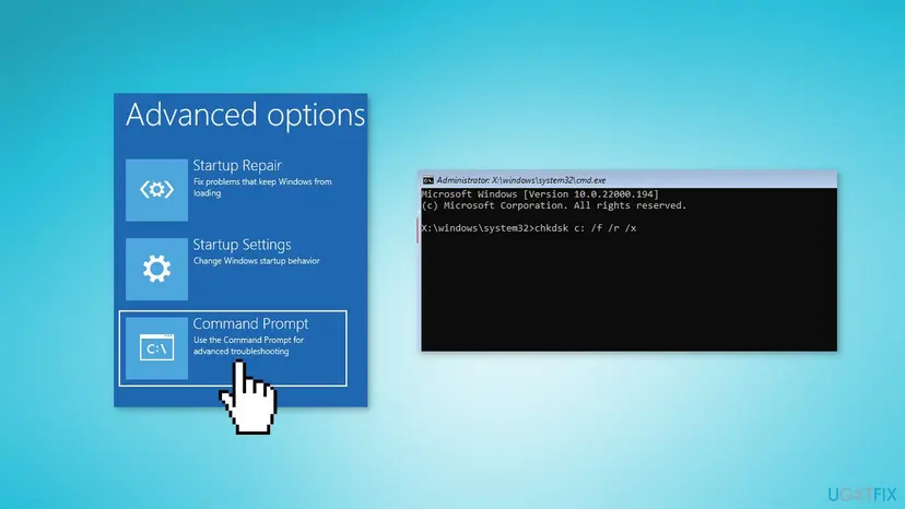 Command Prompt selected in Advanced options and a chkdsk command typed in the console