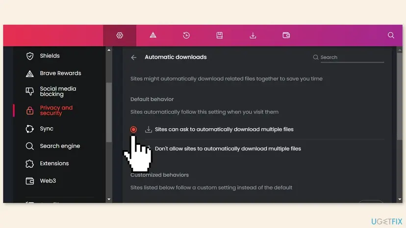 Brave Automatic downloads settings page with Sites can ask to automatically download multiple files selected