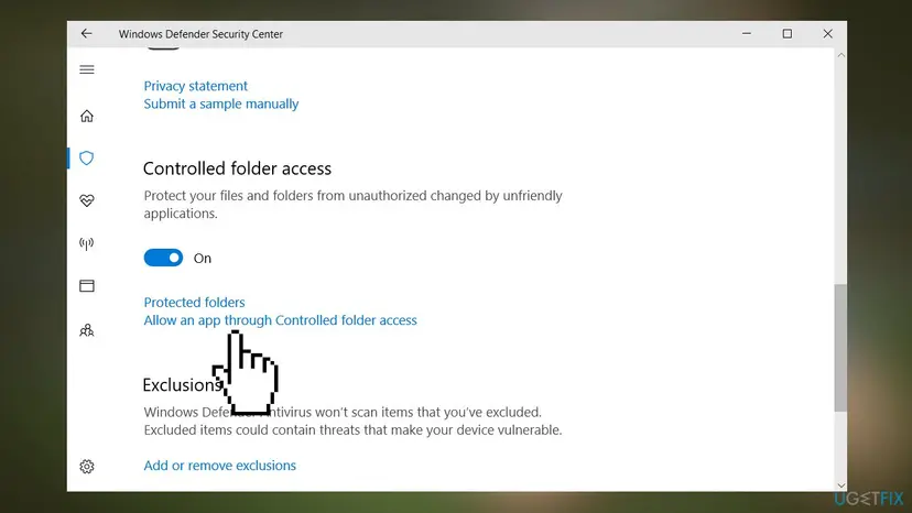 Windows Security settings with Controlled folder access turned on and the link Allow an app through Controlled folder access