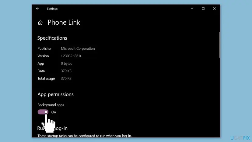 Phone Link advanced options in Windows Settings with the background apps permission list opened