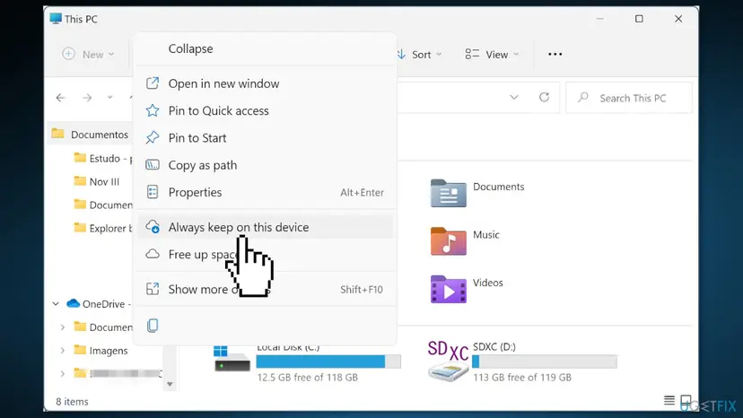 File Explorer context menu on a OneDrive folder with the cursor on Always keep on this device