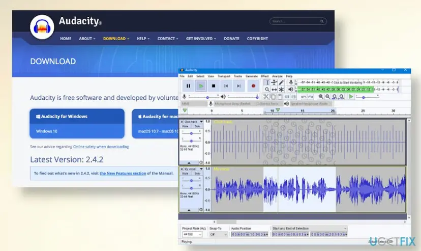 Audacity website download page overlaid with the Audacity audio recording program window showing two sound tracks