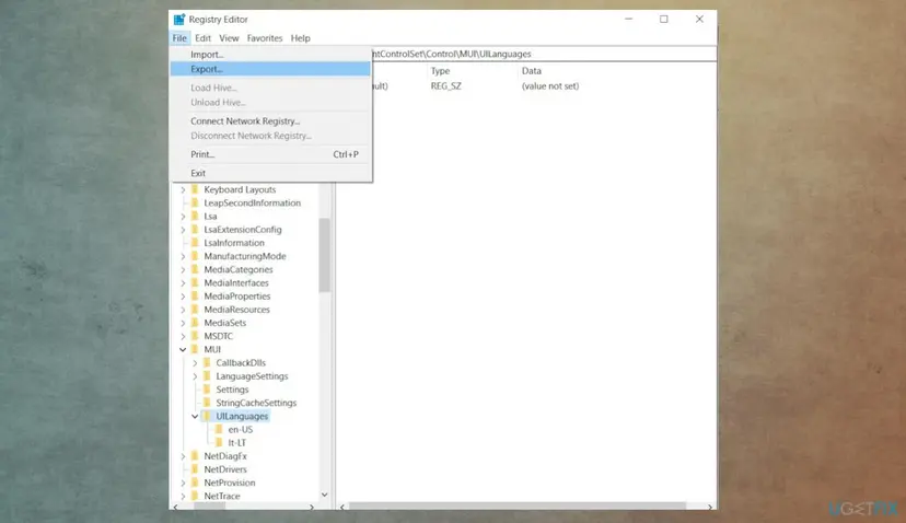 Registry Editor with the File menu open and Export highlighted, used to save a backup of the registry before deleting a Run value