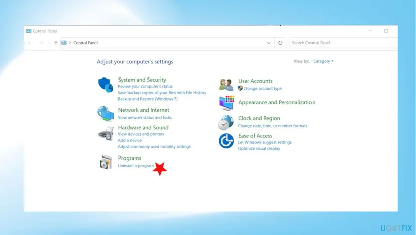Control Panel in category view with the Uninstall a program link under Programs marked with a red star
