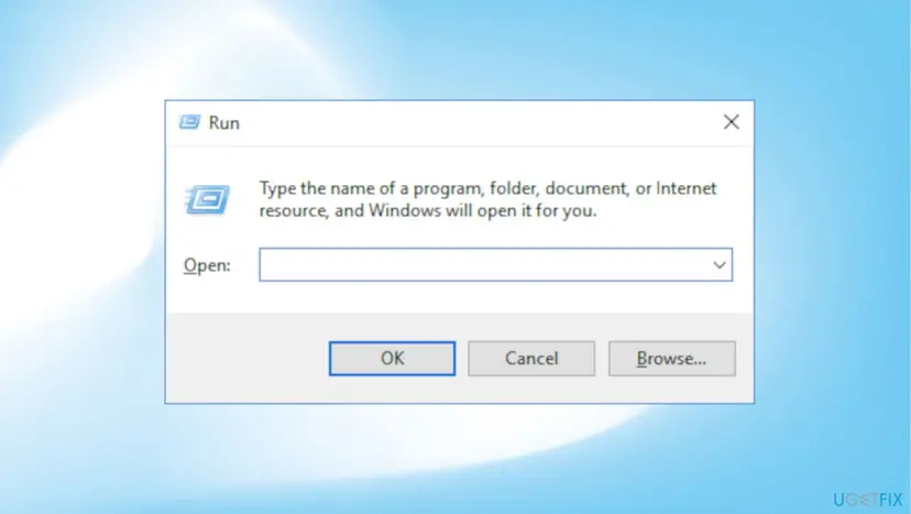 The Windows Run box with an empty Open field and the OK, Cancel and Browse buttons, opened with Win + R
