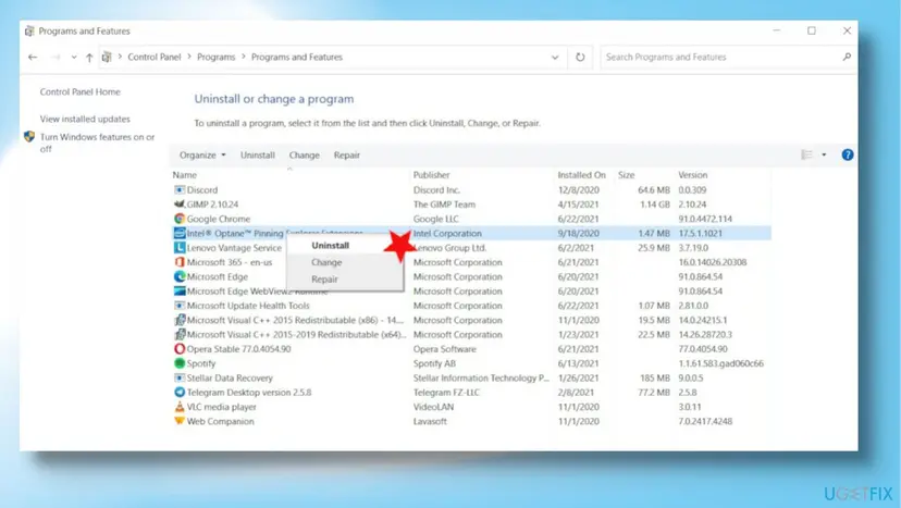 Programs and Features list in Control Panel with one entry selected and the right-click menu showing Uninstall, Change and Repair