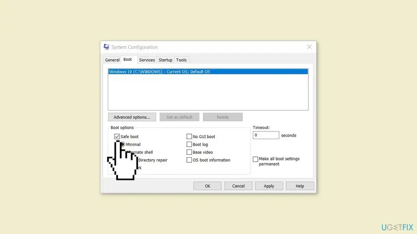 System Configuration window on the Boot tab with Safe boot ticked and the Minimal option selected under Boot options