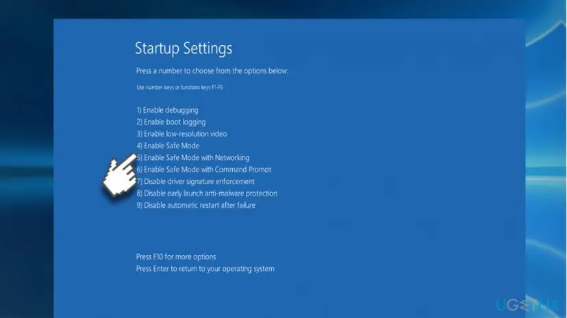 Startup Settings screen with the numbered list and option 5 Enable Safe Mode with Networking pointed at