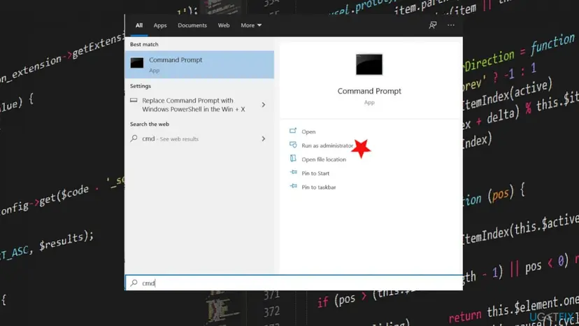 Windows search with cmd typed in and Run as administrator marked for Command Prompt, the first step before running lodctr