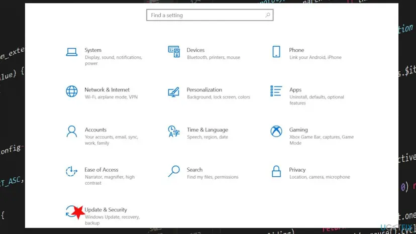 Windows 10 Settings home page with the Update & Security tile marked, the way into Windows Update