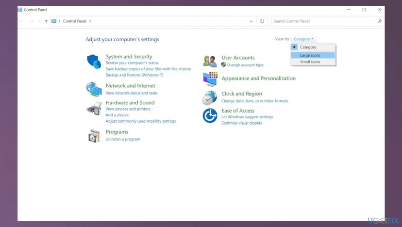 Control Panel with the View by menu open and Large icons selected, so Ease of Access Center shows in the list