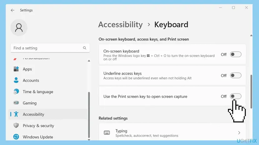 Windows 11 Settings, Accessibility, Keyboard page with the switch Use the Print screen key to open screen capture turned off