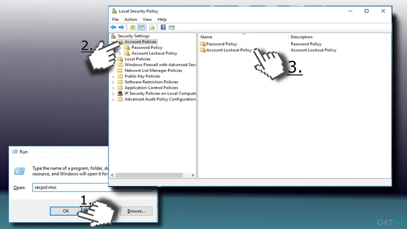 Run dialog with secpol.msc and the Local Security Policy window open on Account Policies with Password Policy and Account Lockout Policy listed