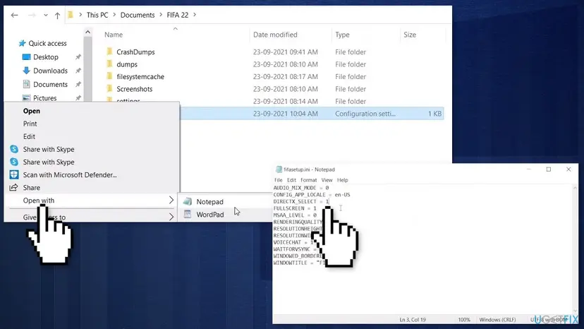 File Explorer open at Documents, FIFA 22 with fifasetup.ini opened in Notepad and the DIRECTX_SELECT line visible
