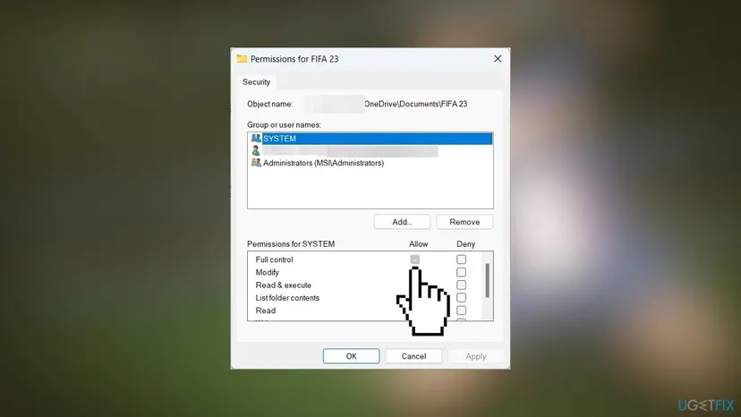 Permissions for FIFA 23 window on Windows 11 with the folder path OneDrive Documents FIFA 23 and the Full control permission row