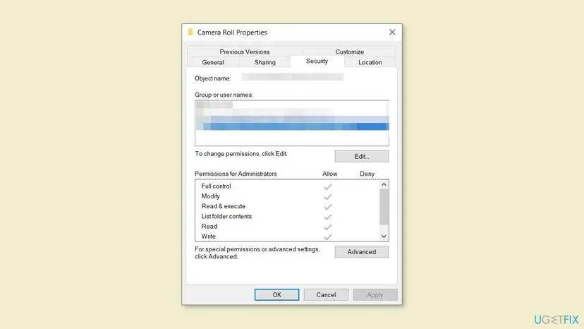 Camera Roll Properties window on the Security tab with the user list, the Edit button and the Allow column for Full control, Modify, Read and Write