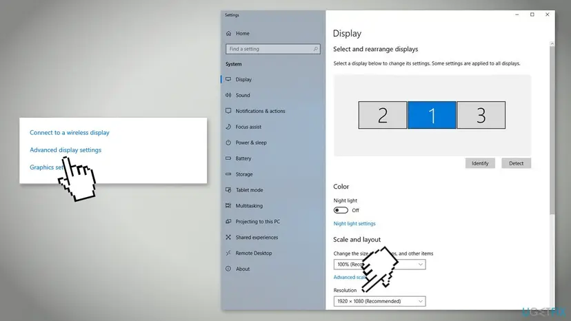 Windows 10 Display settings with three numbered screens, the Resolution list at 1920 x 1080 Recommended and the Advanced display settings link