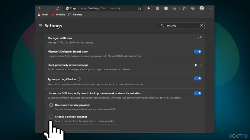 Microsoft Edge security settings with Use secure DNS options displayed