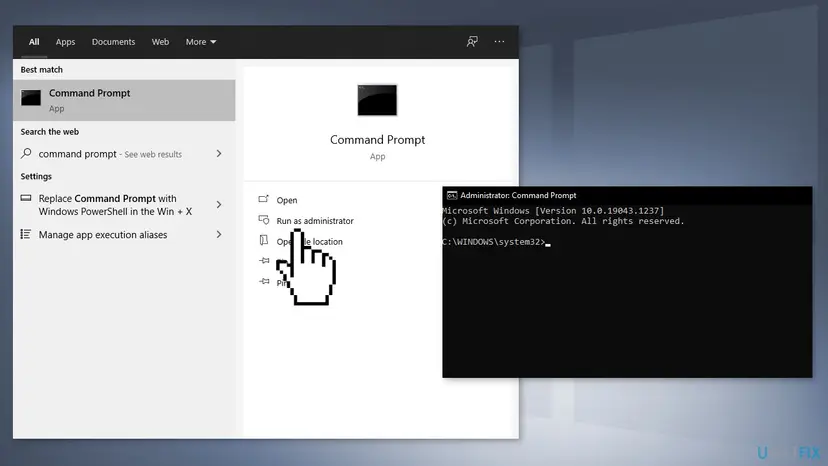 Windows 10 Start search for Command Prompt with Run as administrator selected, and an open Administrator Command Prompt window