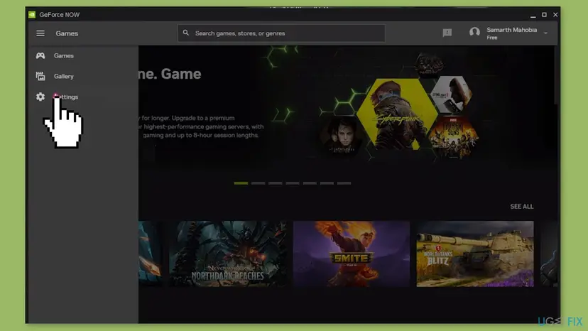 GeForce NOW side menu with the cursor on Settings, where the Server Location option is found