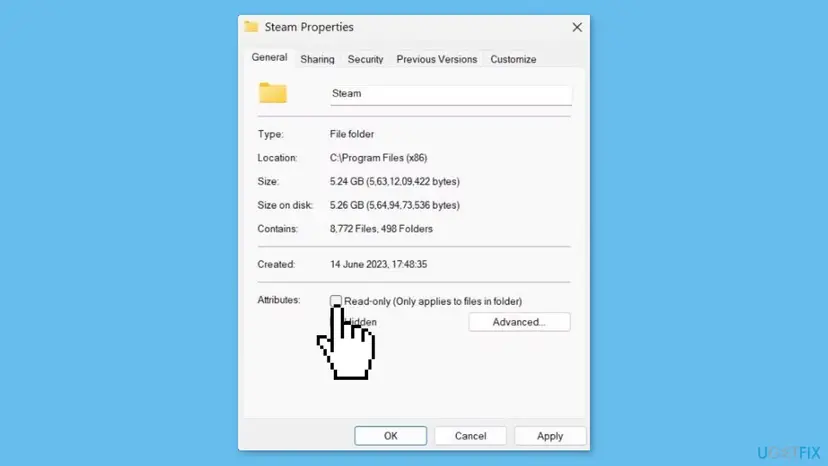 Steam folder Properties dialog in Windows with the Read-only attribute checkbox shown on the General tab