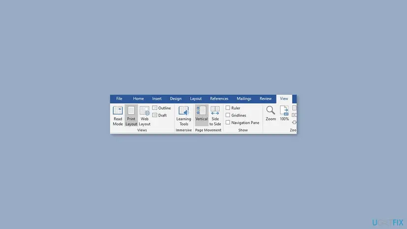 Word View tab with the Views group showing Read Mode, Print Layout selected, Web Layout, Outline and Draft buttons