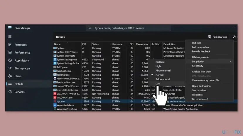 Task Manager Details tab on Windows 11 with vgc.exe running as SYSTEM, description Vanguard user-mode service, and the right-click menu with Set priority open