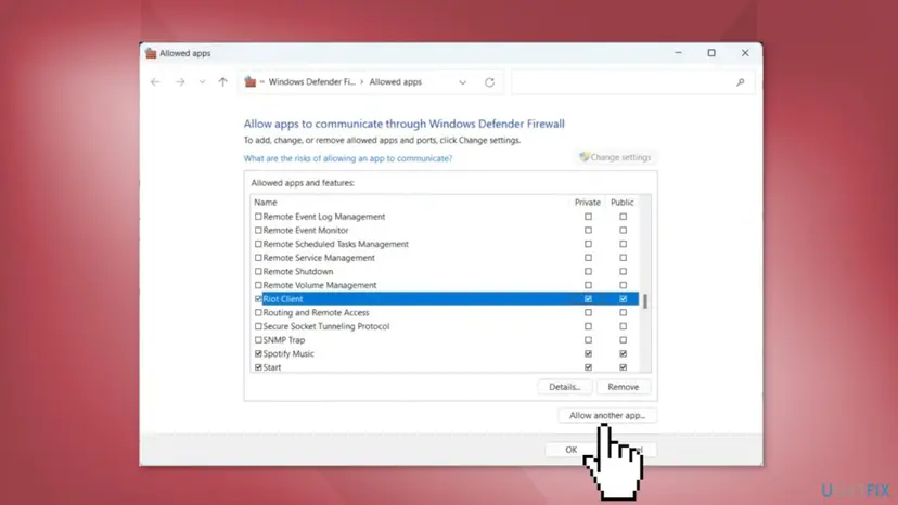 Windows 11 Allowed apps window of Windows Defender Firewall with Riot Client ticked for Private and Public and the Allow another app button