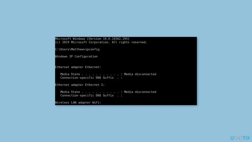 Command Prompt window after the ipconfig command, listing the Ethernet adapters and the Wireless LAN adapter WiFi
