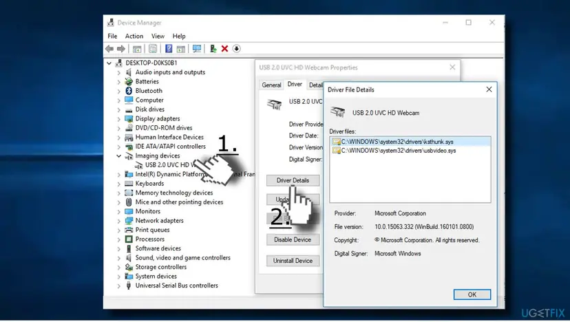 Driver File Details window of a USB 2.0 UVC HD Webcam listing ksthunk.sys and usbvideo.sys from the Windows drivers folder