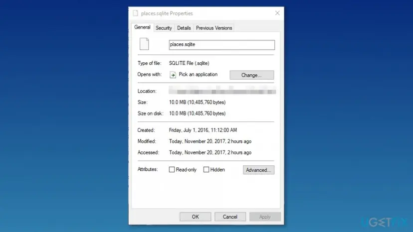 The places.sqlite Properties window on the General tab with the Read-only and Hidden attribute boxes at the bottom