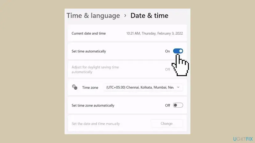 Windows 11 Settings, Time and language, Date and time page with Set time automatically switched on and the time zone list below it