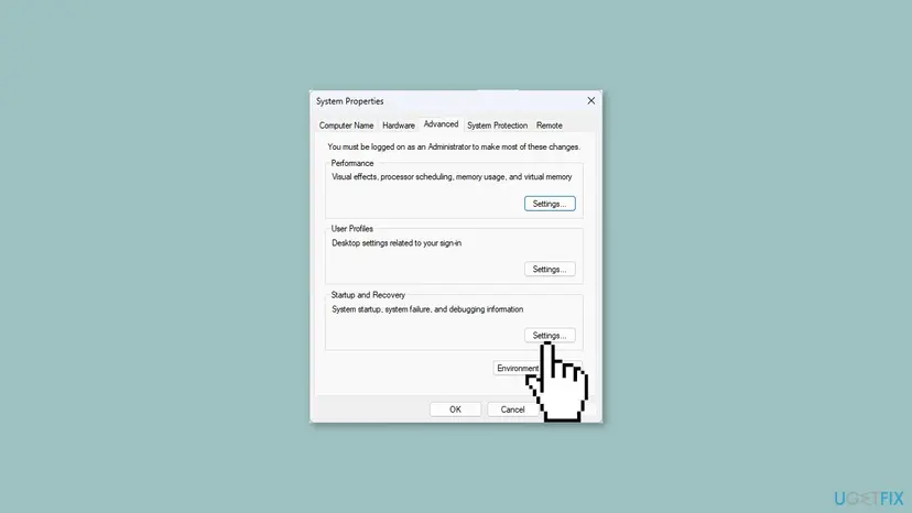 System Properties window on the Advanced tab with the cursor pointing to Settings under Startup and Recovery
