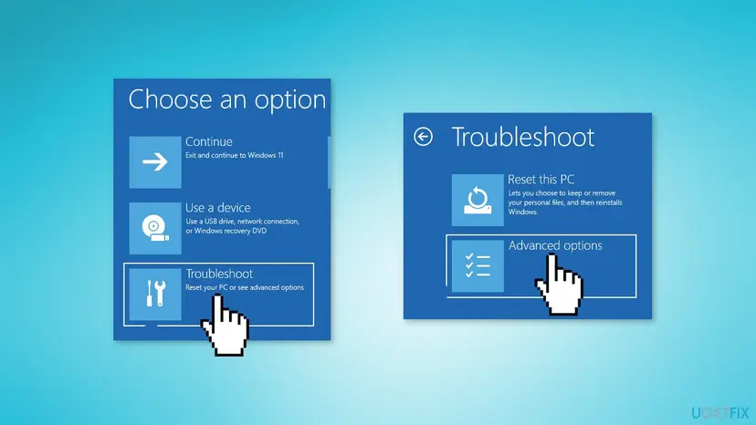 Windows recovery menu showing Troubleshoot and Advanced options