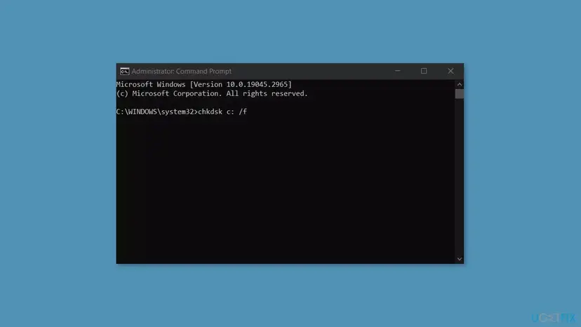 Administrator Command Prompt on Windows 10 with the command chkdsk c: /f typed and ready to run on the system drive