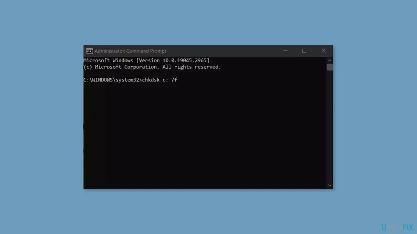 Administrator Command Prompt window with the command chkdsk c: /f typed at the C:\WINDOWS\system32 prompt
