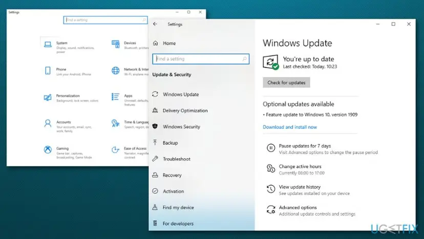 Windows 10 Settings with Update & Security open and the Windows Update page showing You're up to date and the Check for updates button