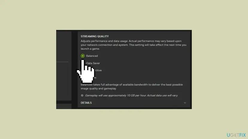 GeForce NOW settings with the STREAMING QUALITY section and the options Balanced, Data Saver, Competitive and Custom
