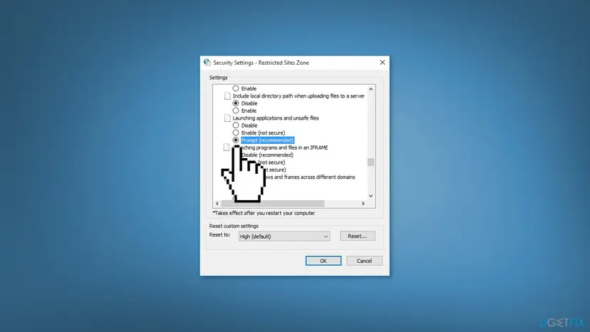 Security Settings window of a zone on Windows 10 with the Miscellaneous list: Launching applications and unsafe files has the options Disable, Enable (not secure) and Prompt (recommended), and Prompt is selected